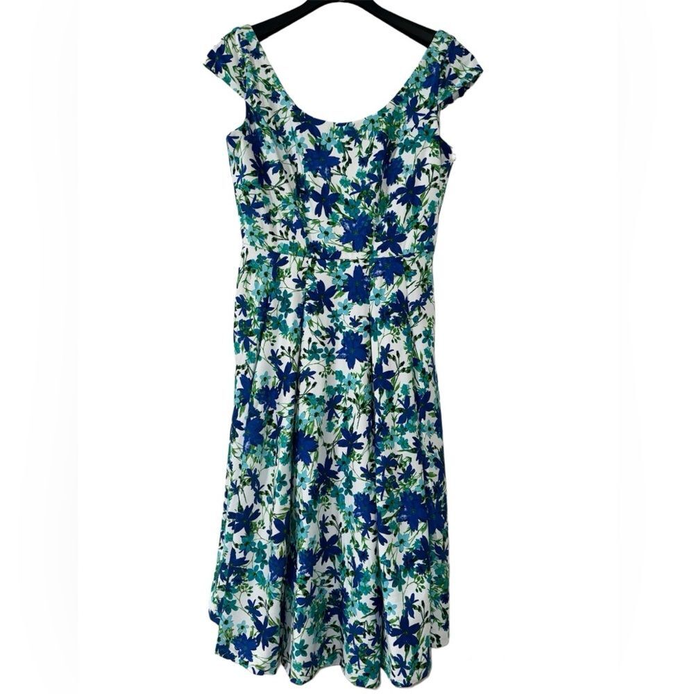 Calvin Klein White with Blue flowers cap sleeve Fit and Flare Midi Dress Size 12